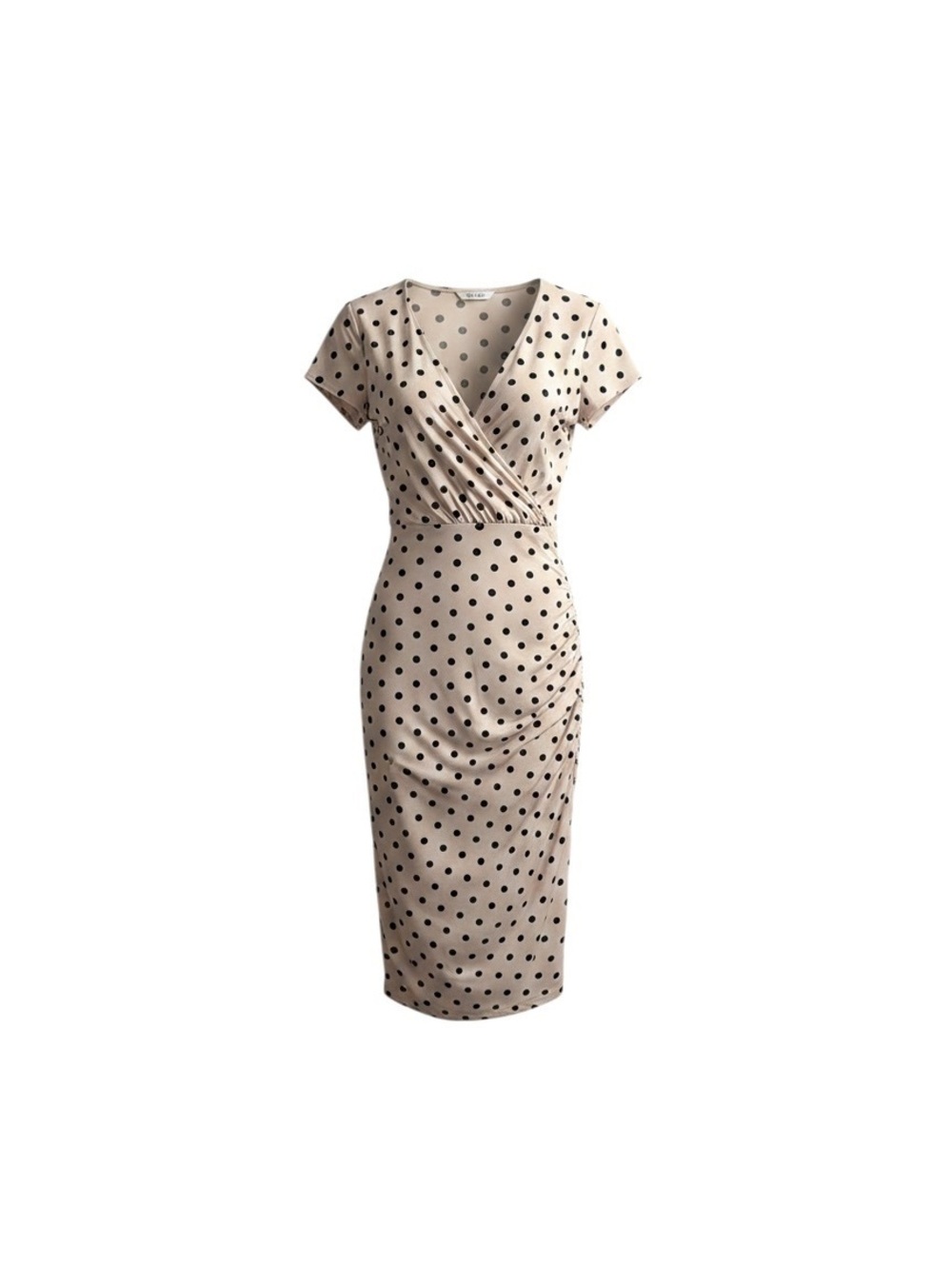 Capelli Beige Polka Dot Midi Dress with V-Neck and Short Sleeves